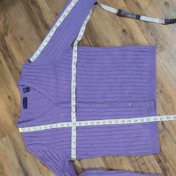 KAREN SCOTT Lilac Silk Angora Cable Knit V-neck Cardigan - Rhinestone Buttons - Picture 8 of 9